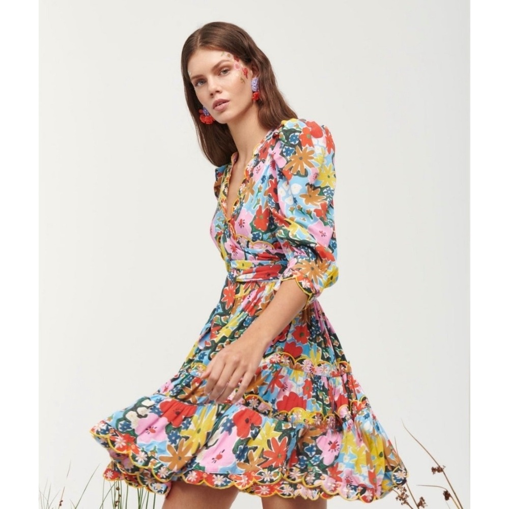 Celia B Aila Dress Floral Wrap Ruffled Tiered Scalloped Puff Sleeve size Small